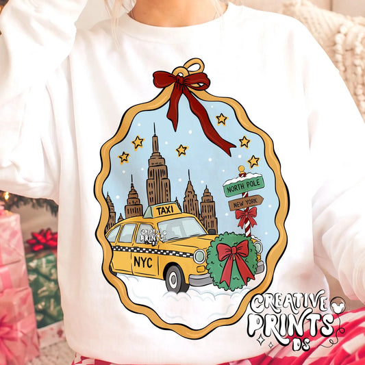 NYC Christmas Taxi Cameo Frame Sublimation Design PNG
