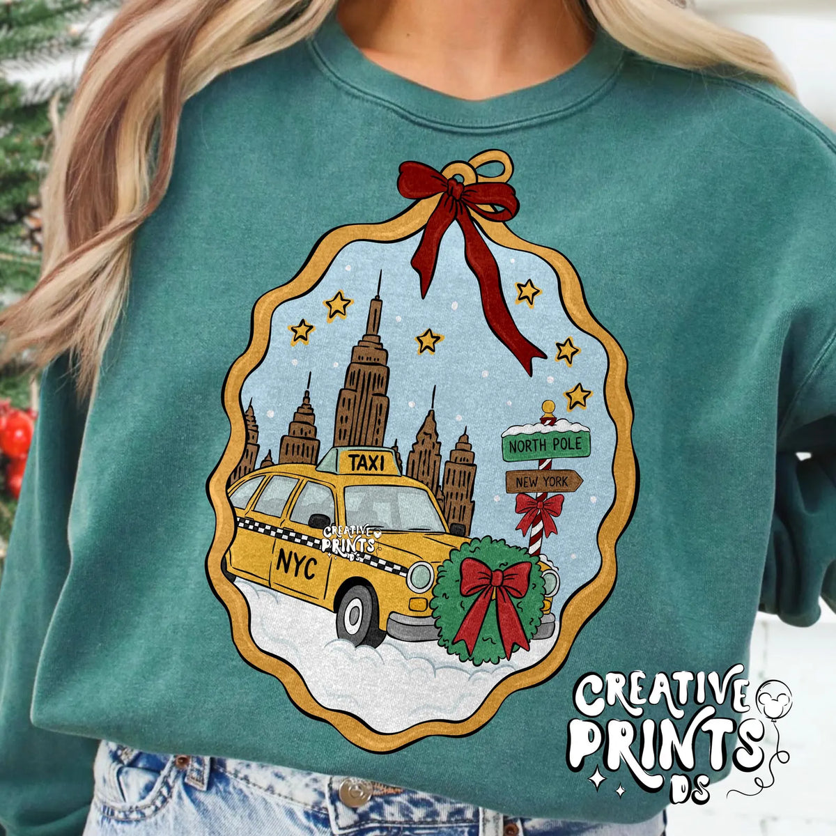 NYC Christmas Taxi Cameo Frame Sublimation Design PNG