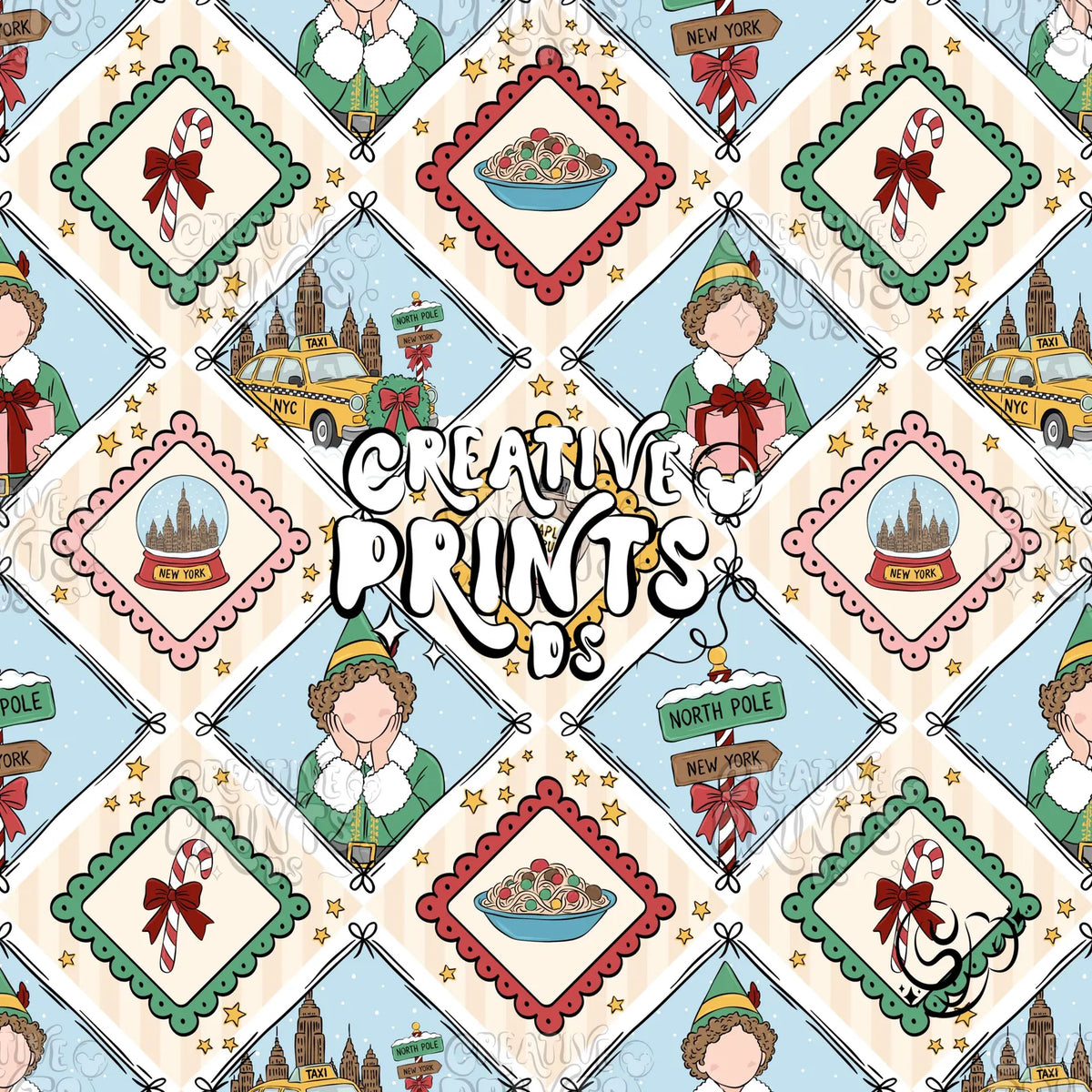 NYC Christmas Elf Diamond Stripes Patchwork Seamless Pattern