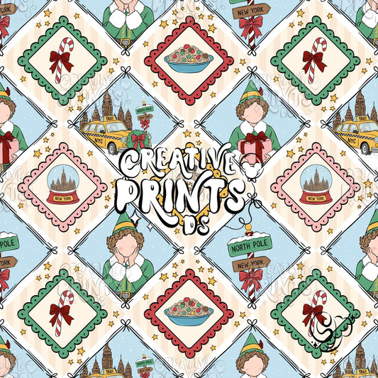 NYC Christmas Elf Diamond Stripes Patchwork Seamless Pattern