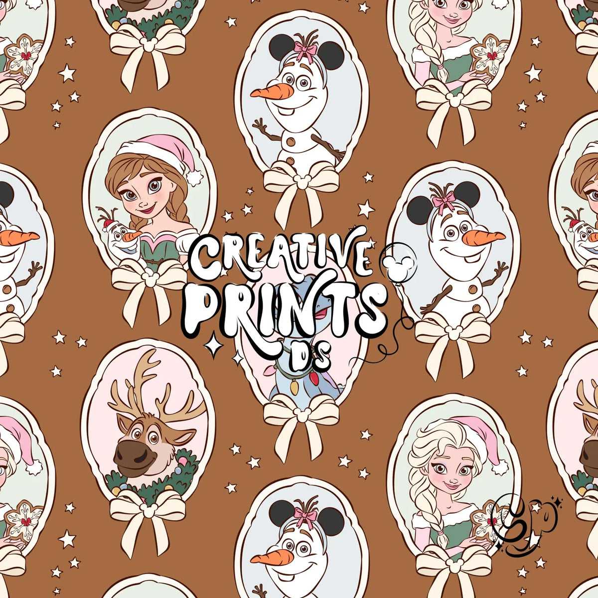 Winter Kingdom Framed Characters Seamless Pattern - Warm Brown