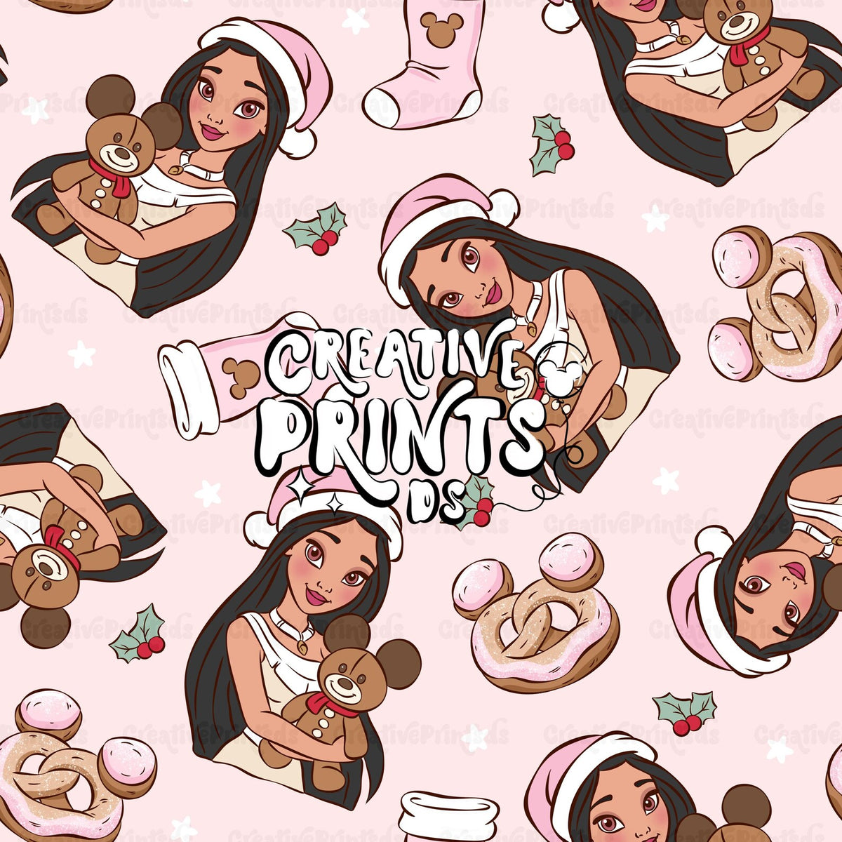 Native Princess Christmas Seamless Pattern – Soft Pink