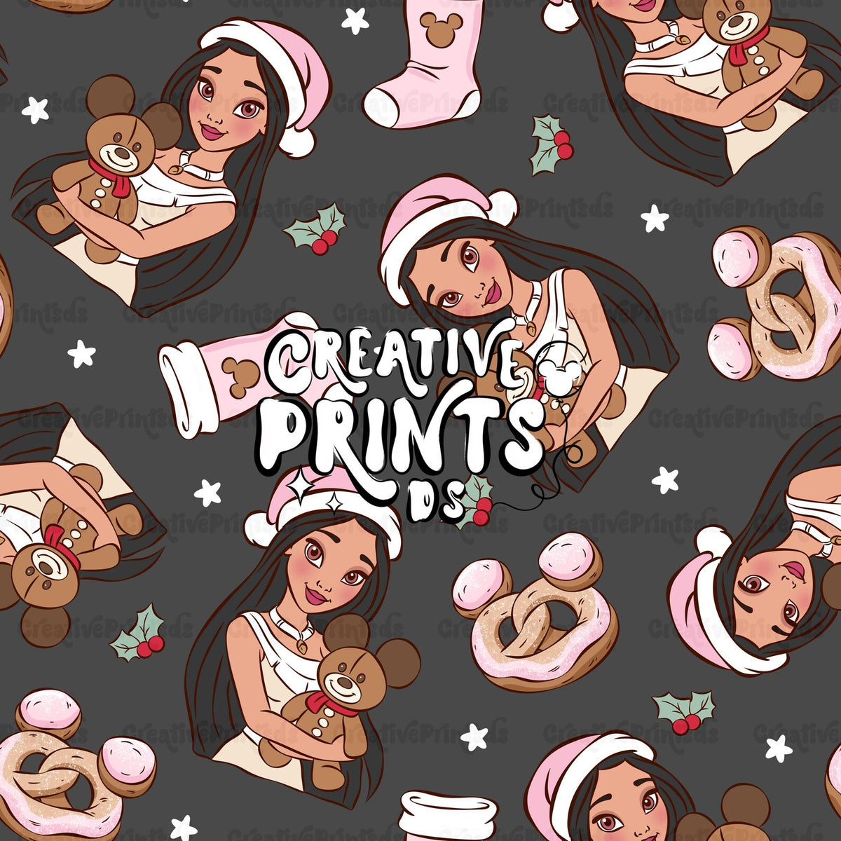 Native Princess Christmas Seamless Pattern – Dark Charcoal