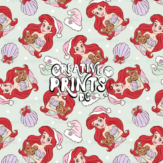 Mermaid Princess Christmas Seamless Pattern - Sage Green