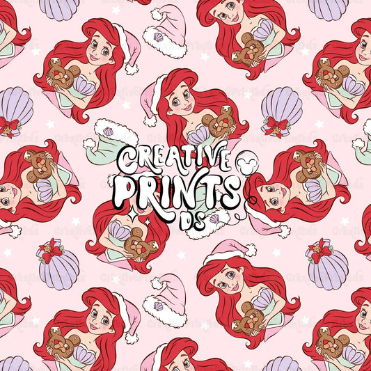 Mermaid Princess Christmas Seamless Pattern – Soft Pink