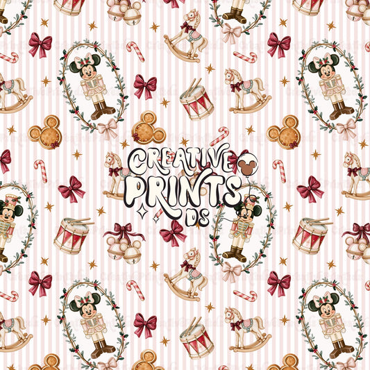 Vintage Christmas Nutcracker Seamless Pattern - Pink Stripes