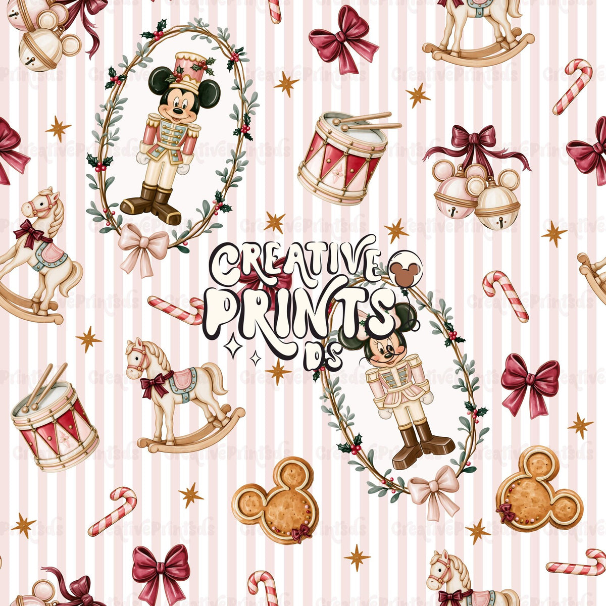 Vintage Christmas Nutcracker Seamless Pattern - Pink Stripes