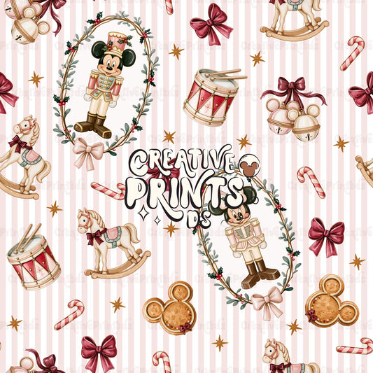 Vintage Christmas Nutcracker Seamless Pattern - Pink Stripes