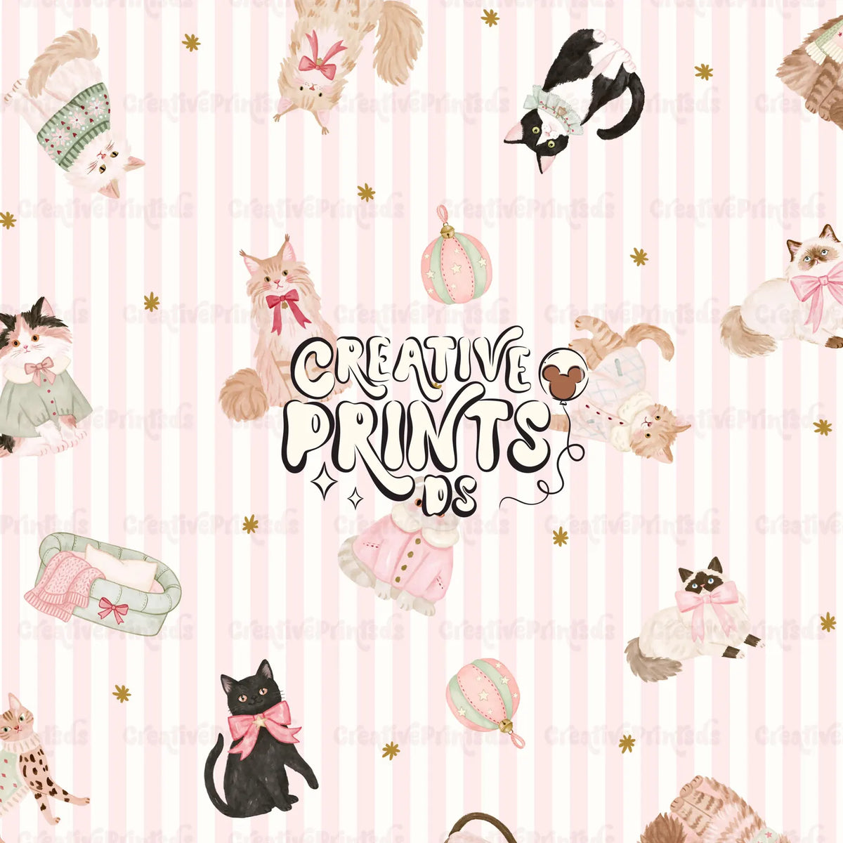 Cozy Winter Kittens Seamless Pattern - Pink Stripes