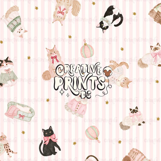 Cozy Winter Kittens Seamless Pattern - Pink Stripes