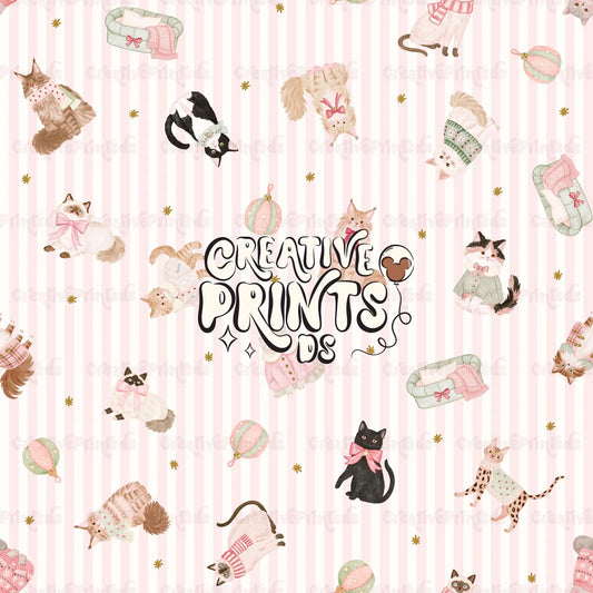Cozy Winter Kittens Seamless Pattern - Pink Stripes