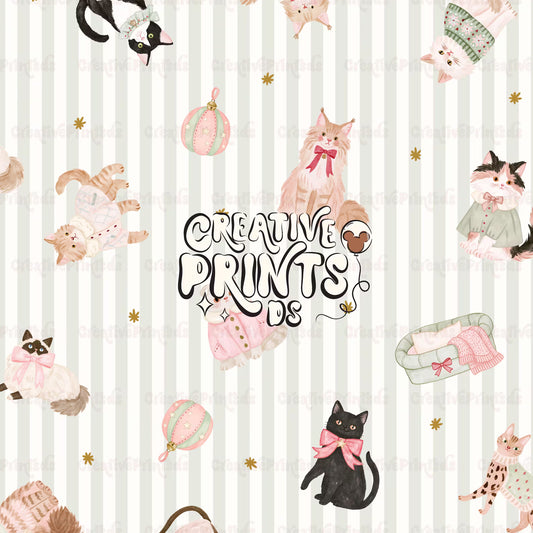 Cozy Winter Kittens Seamless Pattern - Green Stripes