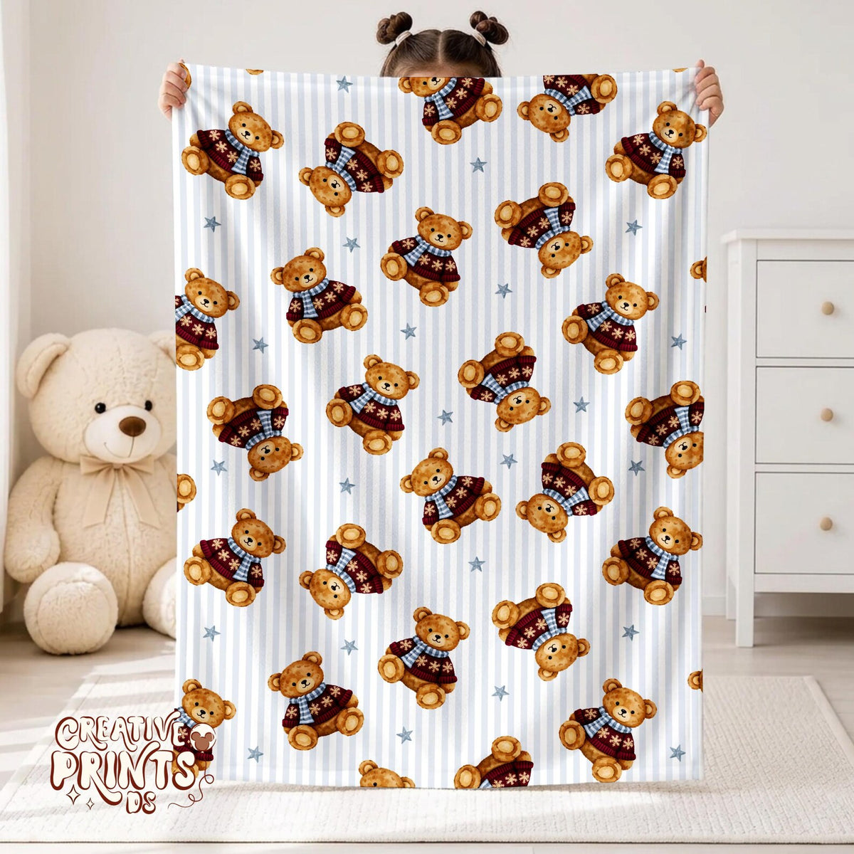Christmas Bear Light Blue Stripes Seamless Pattern