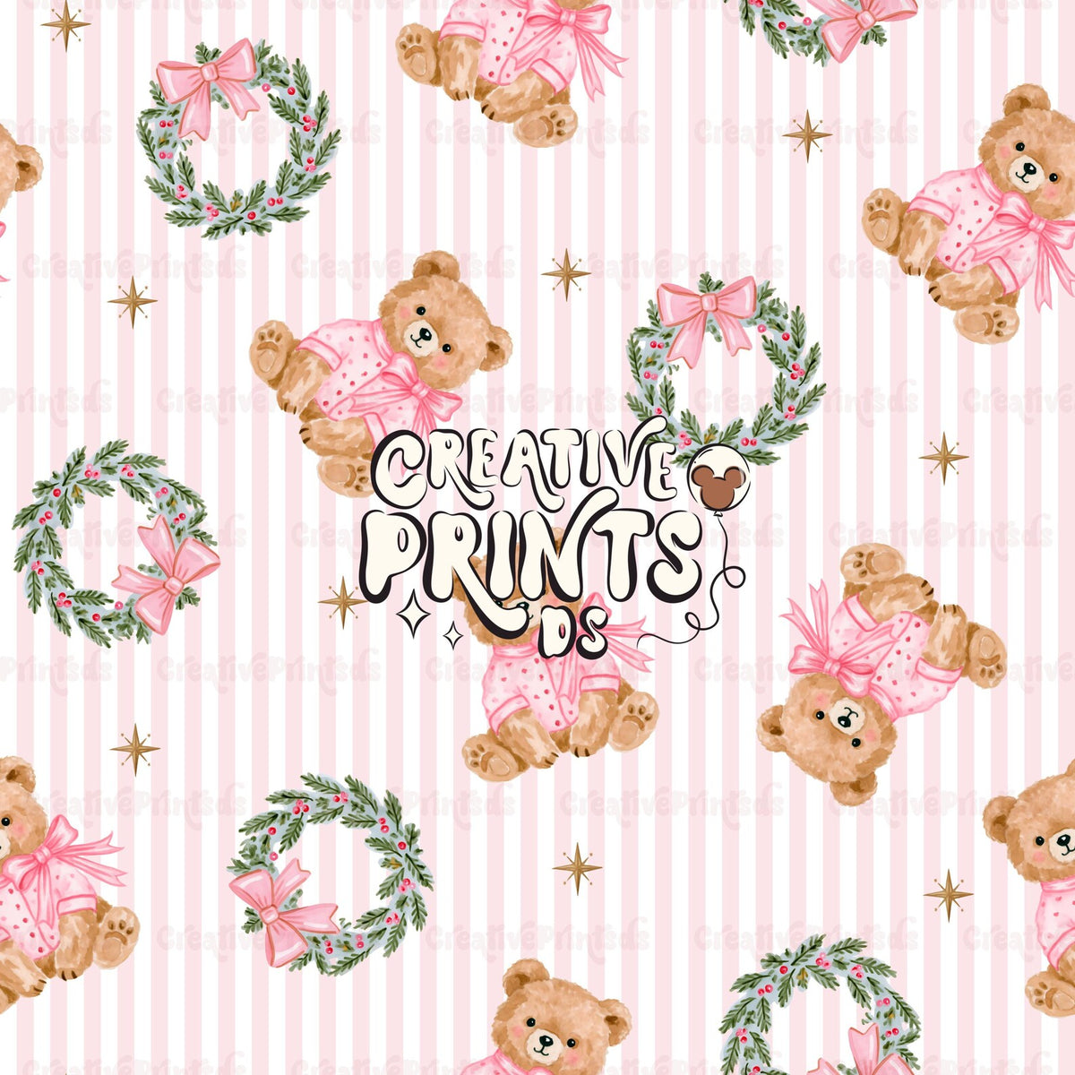 Teddy Wreath Seamless Pattern - Pink Stripes