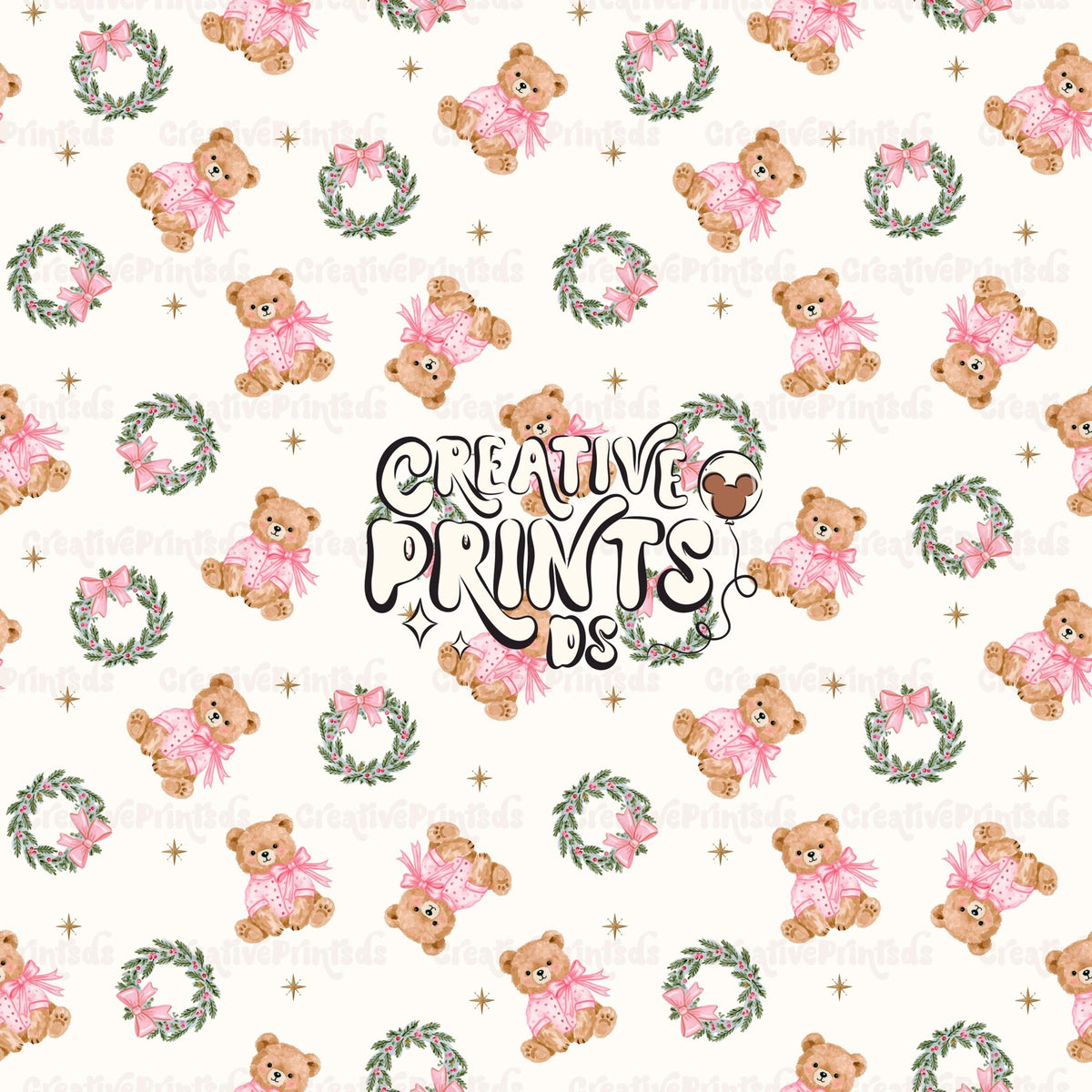 Teddy Wreath Seamless Pattern - Solid Cream