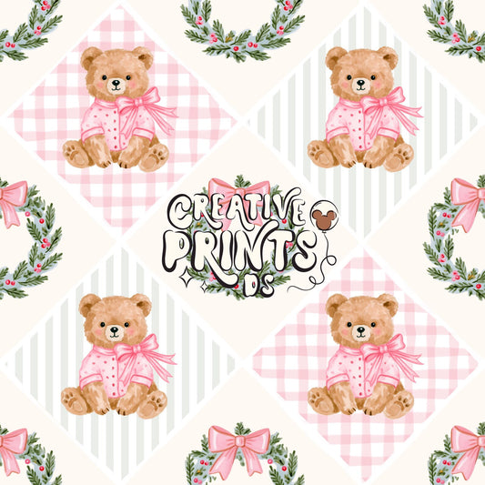 Harlequin Winter Teddy Wreath Seamless Pattern