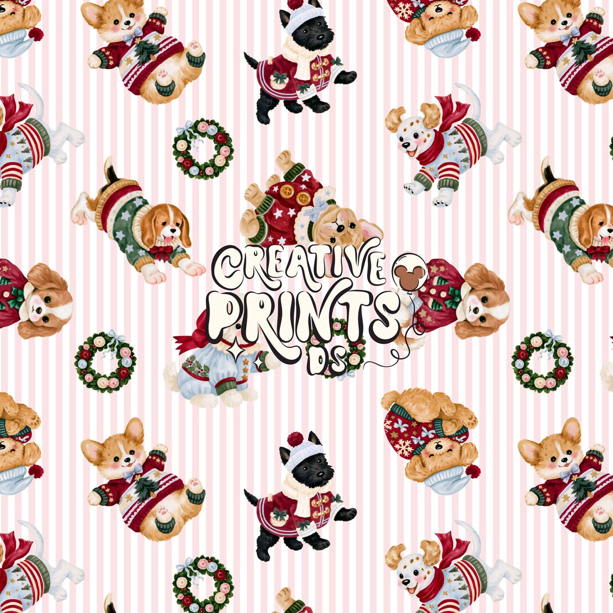 The Little Christmas Pups Seamless File - Pink Stripes