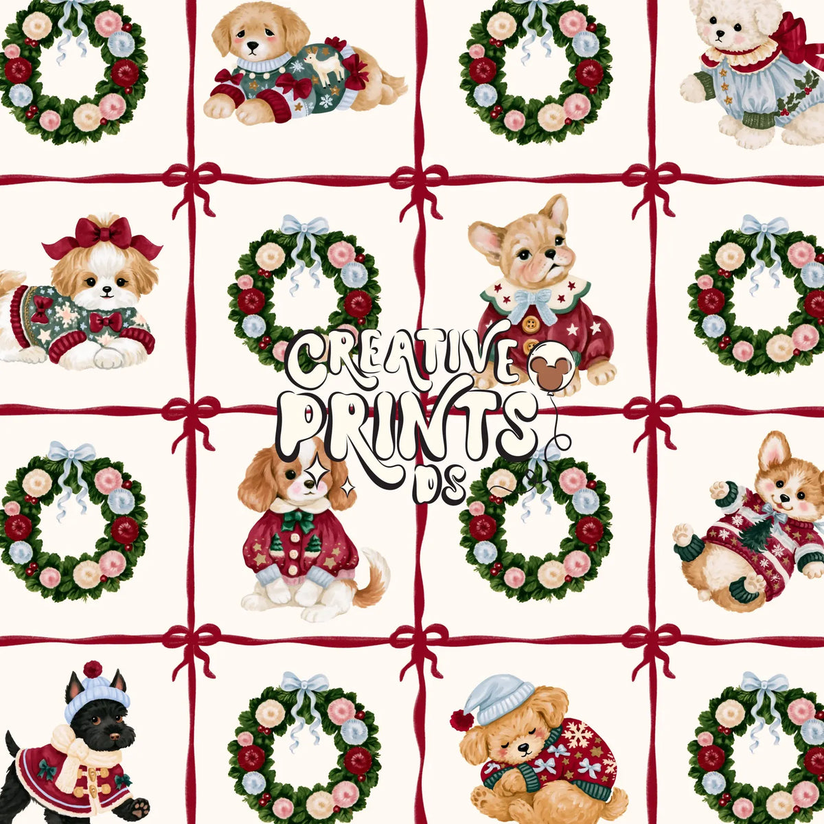 The Little Christmas Pups Seamless File - Ribbon Grid