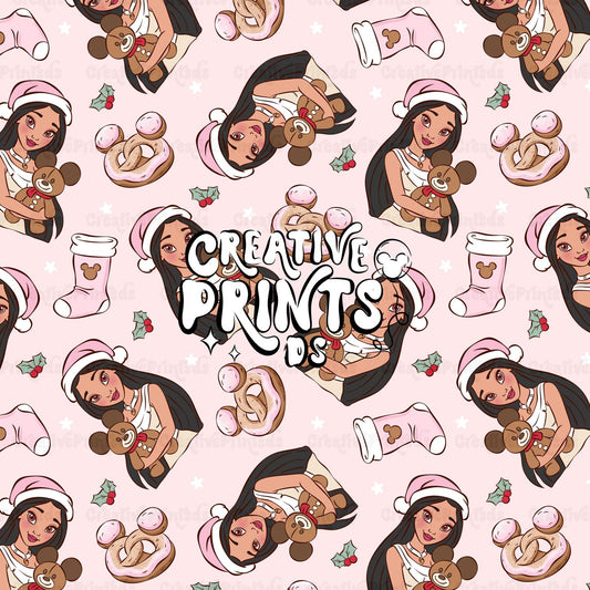 Native Princess Christmas Seamless Pattern – Soft Pink