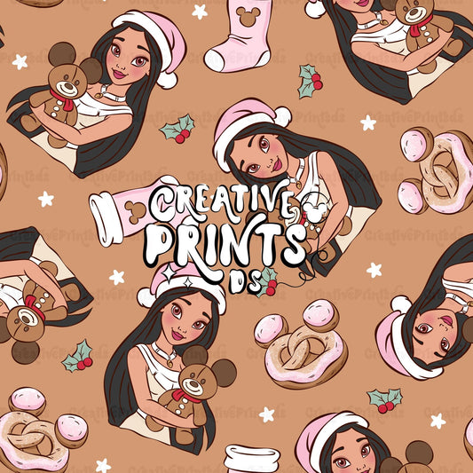 Native Princess Christmas Seamless Pattern – Warm Brown