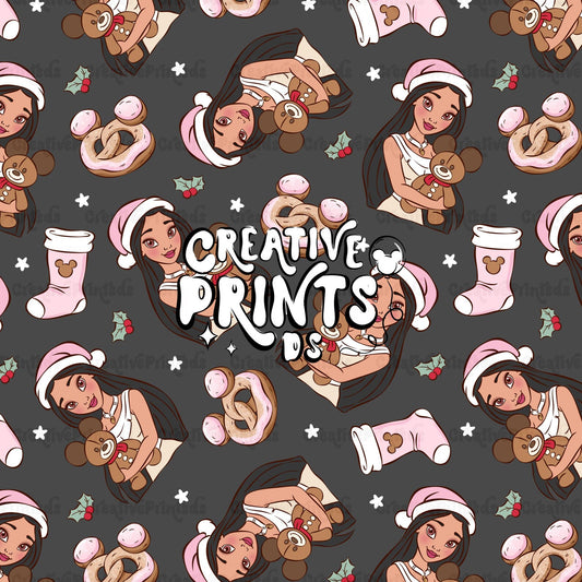 Native Princess Christmas Seamless Pattern – Dark Charcoal