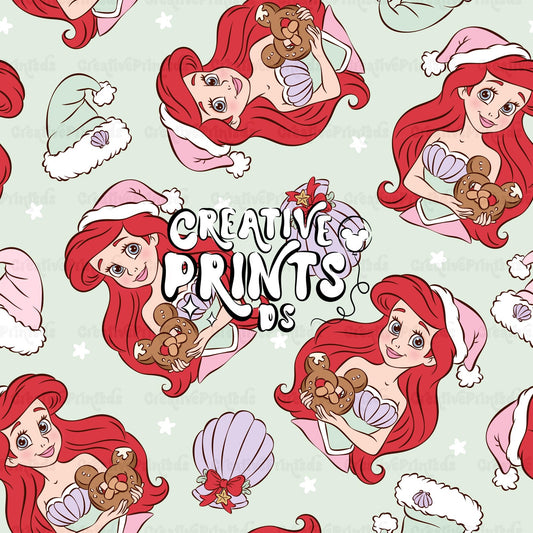 Mermaid Princess Christmas Seamless Pattern - Sage Green
