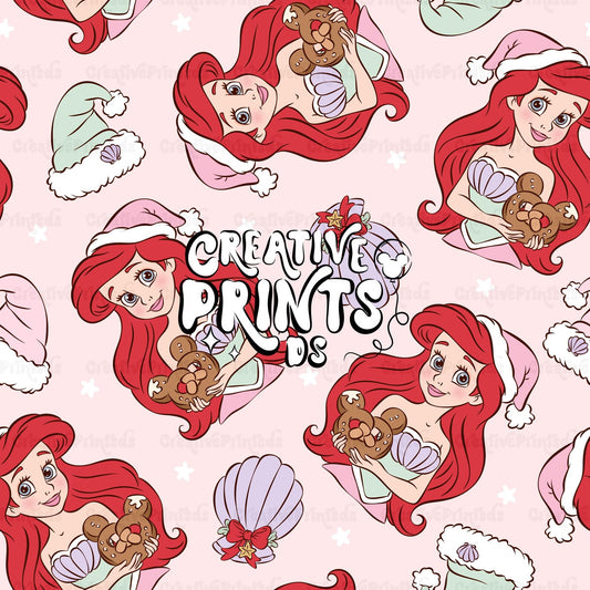 Mermaid Princess Christmas Seamless Pattern – Soft Pink
