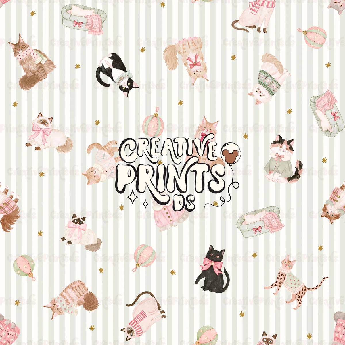Cozy Winter Kittens Seamless Pattern - Green Stripes