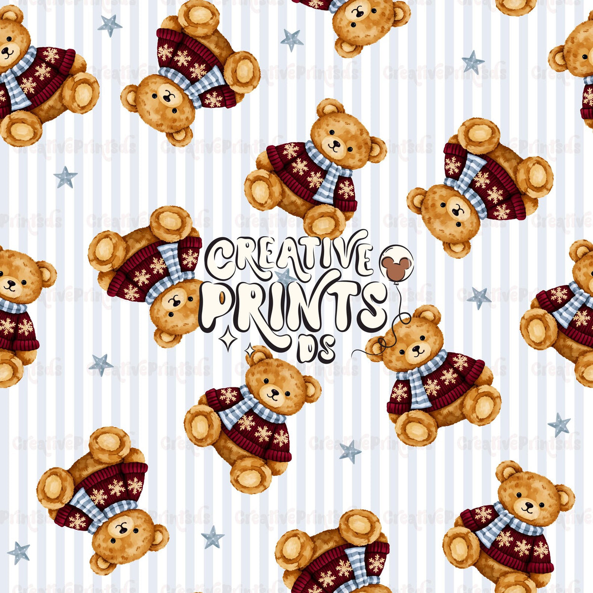 Christmas Bear Light Blue Stripes Seamless Pattern