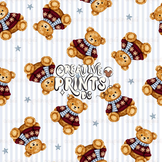 Christmas Bear Light Blue Stripes Seamless Pattern