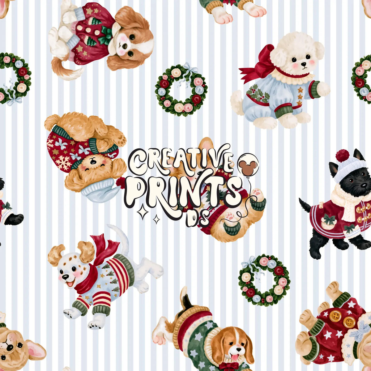 The Little Christmas Pups Seamless File - Blue Stripes