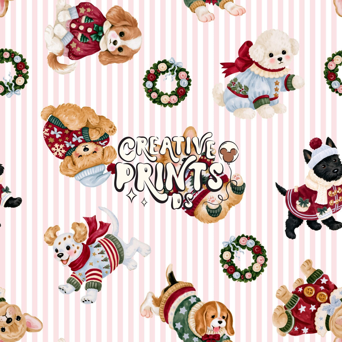 The Little Christmas Pups Seamless File - Pink Stripes